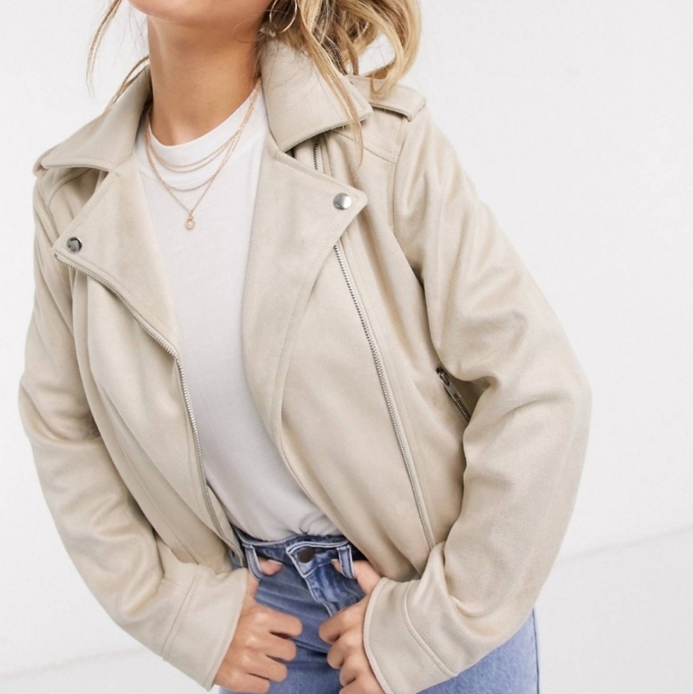 ASOS DESIGN Suedette Biker Jacket in Stone Faux Suede Moto Jacket, Size 12